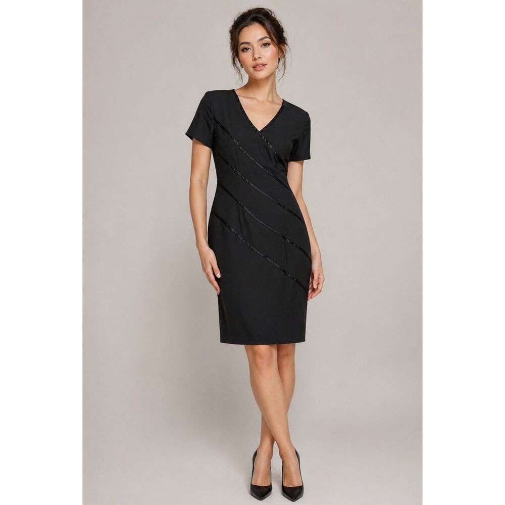 Vintage 90s Jovani New York Black Cocktail Dress Size 6 Satin Trim Sheath LBD